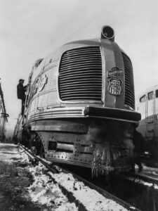 Jack Delano (1914 - 1997). One of the Chicago and Northwestern railroad streamliner diesel electric trains. These trains are operated jointly with the Union Pacific railroad to the west coast. Chicago, Illinois. December 1942.
