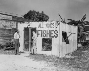 Marion Post Wolcott (1910 - 1990). A fish market which is operated by a white man. Belle Glade, Florida. January 1939.