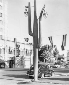 Russell Lee (1903 - 1986). A cactus light standard in front of a hotel. Phoenix, Arizona. May 1940.