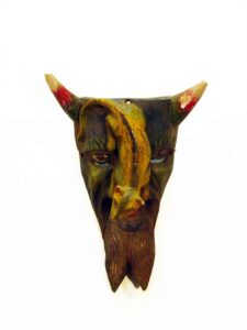 7 Deadly Sins Carnival Mask, 14" x 9" x 5", sculpture, carved wood and paint, artist unknown