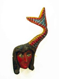 Carnival Mermaid Mask, 22½" x 12" x 4", sculpture, carved wood and paint, artist unknown