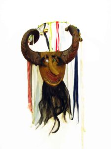 Chivo (Goat) Mask, 20" x 9" x 6",sculpture, carved wood, paint, horn, ribbons and hair, artist unknown
