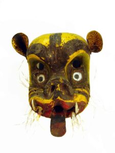 Tigre (Jaguar), 12" x 10" x 7", sculpture, carved wood, paint, tusks, hair, glass and leather, artist unknown