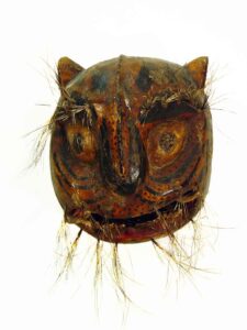 Tigre (Jaguar), 11" x 11" x 11", sculpture, carved wood, paint, tusks, hair, artist unknown