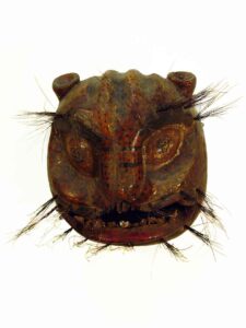 Tigre (Jaguar), 10" x 10" x 7", sculpture, carved wood, paint, hair, teeth, artist unknown