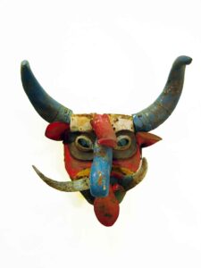 Devil from Pastorelas Dance (2), 12" x 8" x 10½", sculpture, carved wood, horn, leather and paint, artist unknown