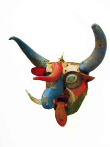 Devil from Pastorelas Dance (1), 12" x 8" x 10½", sculpture, - carved wood, horn, leather and paint, artist unknown