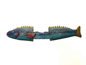 Fish body mask, 8" x 55" x 11", sculpture, carved wood and paint, artist unknown