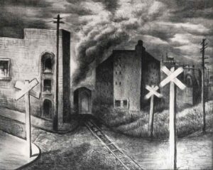Theodore C. Polos, RR Xing, 1937, 10½" x 13", lithograph. ink on paper