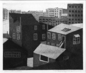 Julius Pommer (1895-1945), Columbus Ave and Jones St, San Francisco, 1937, 7½" x 9", aquatint, ink on paper