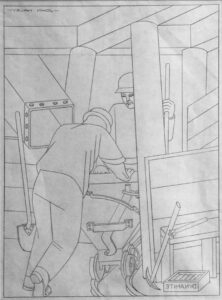 John Haley, Muckers (original transfer drawing), 1937, 15" x 11" drawing, mixed media on paper