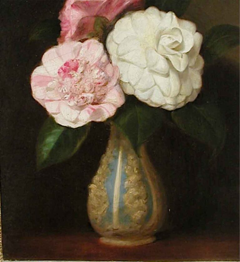 Pauline Jamar Belgian, active 1840- 1860’s Flowers in a Blue and Gold Vase oil on canvas board